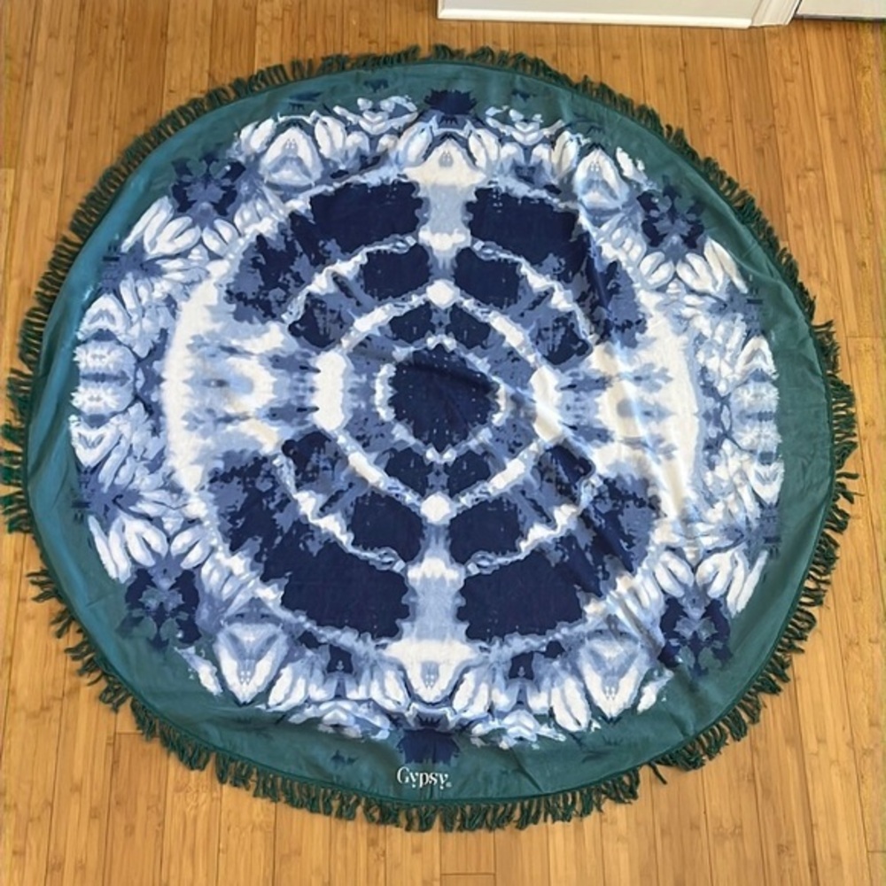 Gypsy05 Gypsy Boho blue green and white tie dye Beach Roundie 64" Round